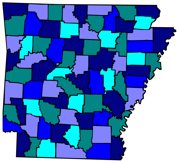 The image shows a map of Arkansas with counties colored blue to represent some form of data overlay on top of it.