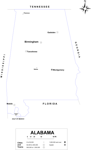 The image shows a black silhouette of an outline map with two states highlighted: Alabama to its left and Mississippi to its right; there is also a small white star in the top-left corner indicating location, possibly representing Montgomery, Ala., as it's often associated with that state.