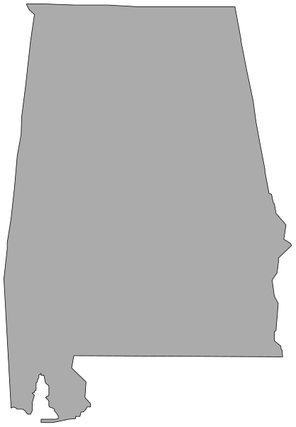 The image shows a black silhouette of an Alabama state outline with no additional details about its surroundings or contents within it.