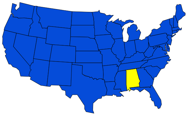 The map shows a blue outline of all states within the United States with yellow markers indicating certain locations; there is no text present in this image to provide additional context about specific places being highlighted by those markings, nor any other objects that can be confidently identified from such limited information provided herein.