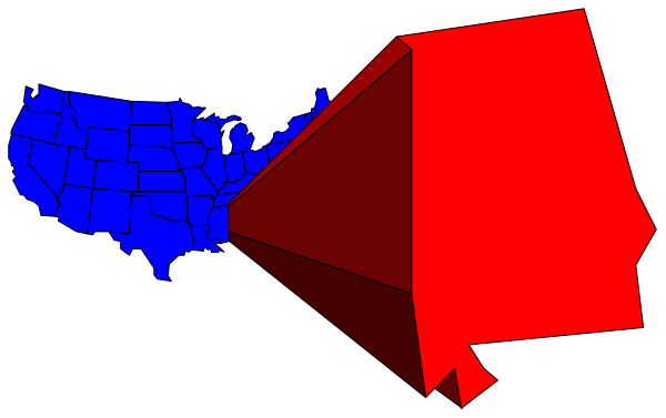 The image shows a map of the United States with two states highlighted: red for Alabama and blue for California. There is also an overlaid graphic that resembles a pair of scissors cutting through these areas, symbolizing division between them.