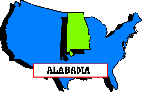 The image shows a stylized map of Alabama with an overlay that includes text "ALABAMA" at its center in large white letters on top of blue background representing states within it; to the right, there is a small graphic resembling a flag or emblem and below this symbol are two lines: one red line indicating borders between different regions/states (possibly counties), and another green line with text "ALABAMA" in white letters. The map has an outline of Alabama's shape within the United States, which is depicted on top as a dark