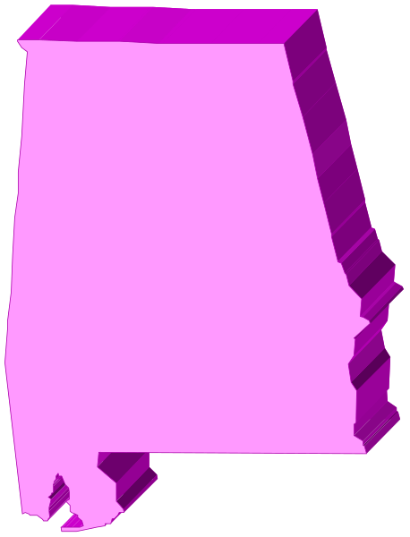 The image shows a pink outline of an Alabama state map with its borders intact against a black background.