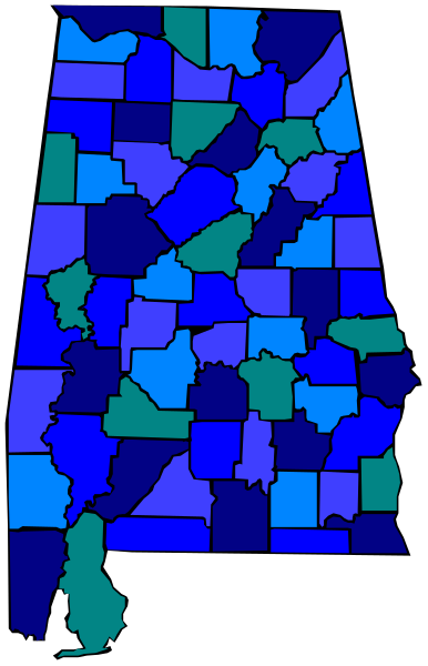 The image shows a stylized map of Alabama with various counties highlighted by different colored blocks on top of it against a blue background.