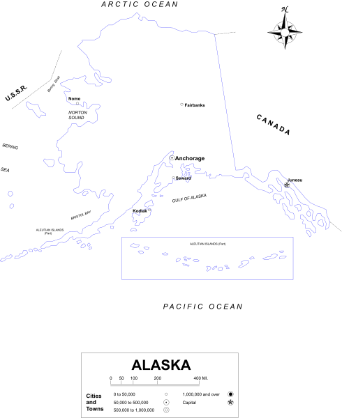 The image shows a black map of Alaska with an overlaid blue outline highlighting part of it labeled "Alaska Peninsula."