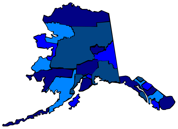 The map shows a stylized representation of Alaska with various regions highlighted by different shades of blue coloring on top of it.