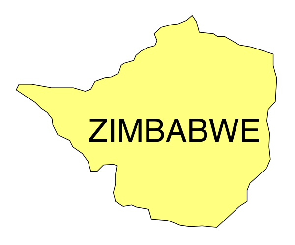 The image shows a stylized map of Zimbabwe with its capital city labeled as "Harare."