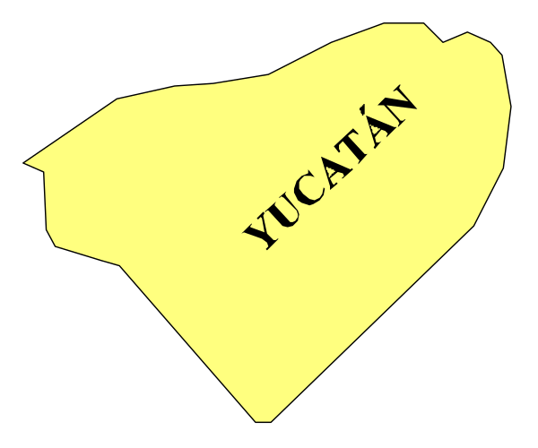 The image shows a map with two labeled areas: "Yucatan" on top of Mexico's Yucatán Peninsula in yellow coloring, indicating it is part of that region; and an area marked as "Cancun," which appears to be located within or near the state.