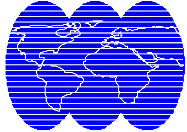 The image shows a globe with lines connecting it to three other globes on either side of what appears to be an antenna-like structure in space.