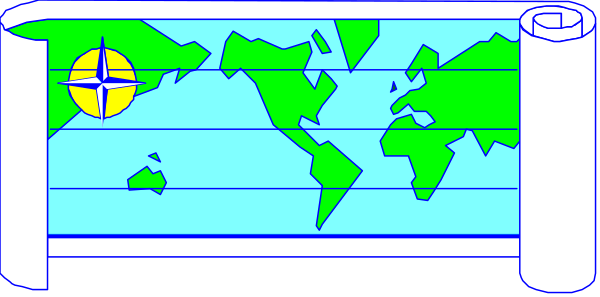 The image shows a cartoon of an aquarium with various fish swimming inside it against a backdrop that resembles Earth's continents in shades of green and blue on gray background.