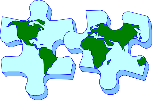 The image shows a jigsaw puzzle with pieces that have various continents on them placed together to form an interconnected world map pattern against a black background.