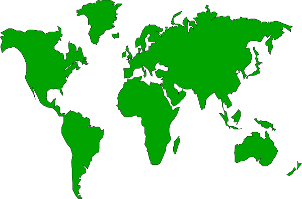 The image shows a world map with countries highlighted in green against a black background.