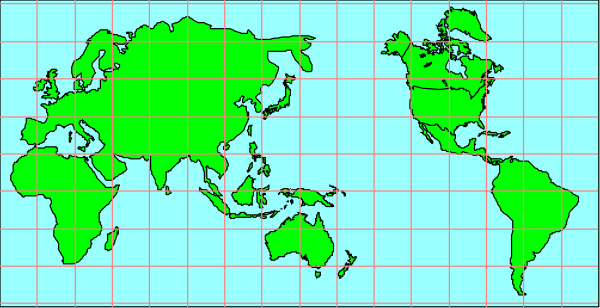 The image shows a world map with countries labeled on it against a blue background; there is no human activity depicted within this clip-art illustration of Earth's continents.