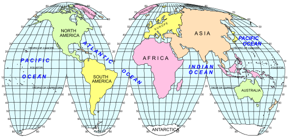 The image shows a world map with continents labeled on it, displayed as four separate panels arranged vertically to form an accordion-style folding poster of Earth's landmasses from different angles: North America and Europe at top left; Asia in center right; Africa below that; Australia beneath the Americas.