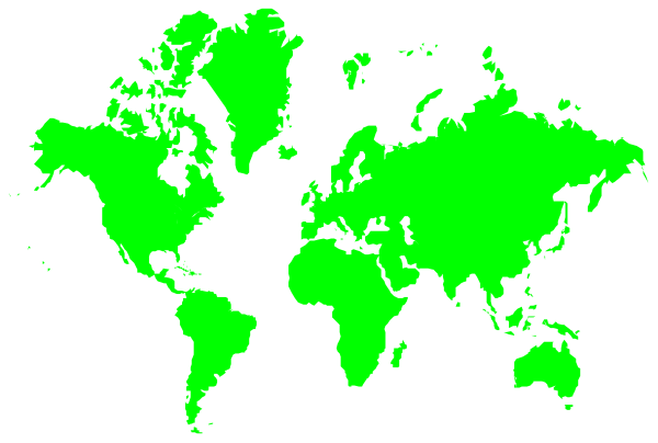 The image shows a stylized world map with green continents on it against a black background.