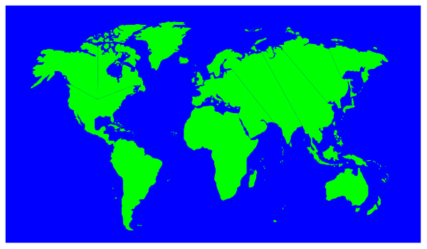 The image shows a blue world map with green landmasses on it against a gray background.