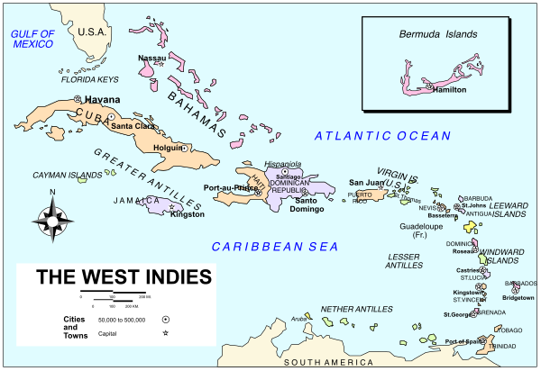 The map shows various islands with labels such as "Bermuda," "Atlantic Ocean," "Cuba," "The West Indies" indicating different countries in a region of water bodies.
