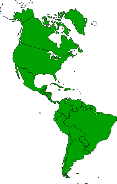 The image shows a map of South America with countries highlighted by green coloring against a black background.