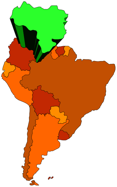The map shows a stylized representation of South America with countries highlighted by different colored regions; it is overlaid on top of another image that appears to be an abstract pattern in shades of gray and black, possibly representing some sort of data visualization or graphical interface element due to the grid-like structure.