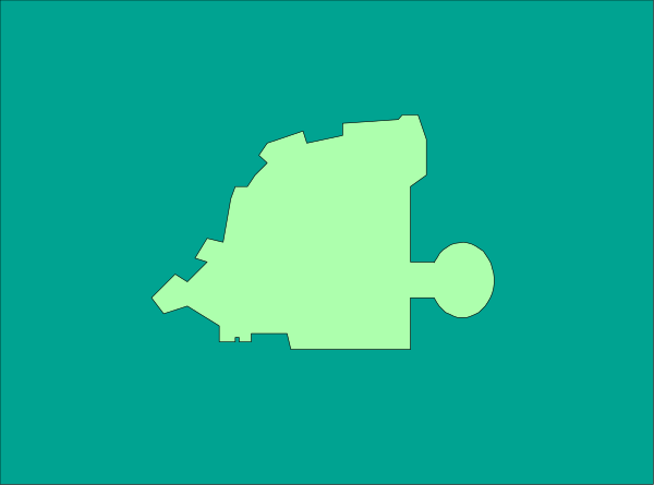 The image shows a map with various landmarks labeled on it against an aqua background.