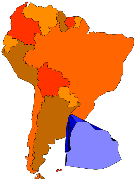 The map shows a stylized representation of South America with countries highlighted by different colored regions; it is overlaid on top of another image that appears to be an inset showing parts of Africa and Europe, possibly indicating trade routes between these continents.