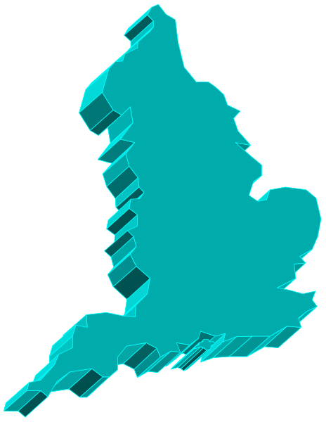 The image shows a stylized map of England with London highlighted by blue lines against a black background.