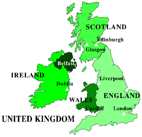 The map shows a stylized representation of Europe with various cities labeled such as "London," "Edinburgh," "Dublin," and others; it is colored in green to represent different countries like England, Scotland, Ireland (Northern), Wales, etc., indicating their locations within the United Kingdom.