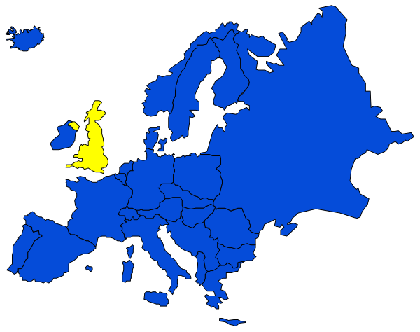The map shows Europe with a focus on France highlighted by yellow coloring; it is overlaid onto an analog clock face that indicates 12:05 pm in Paris time zone (CET). There's no text present, and all other countries appear to be colored blue except for the United Kingdom which has been outlined. The image does not depict any people or animals but shows a stylized representation of Europe with its borders clearly marked by lines connecting each country on the map.