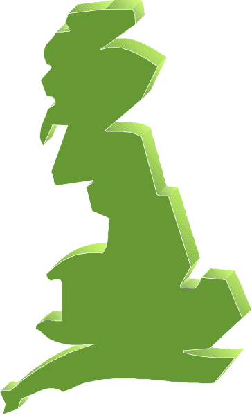 The image shows a stylized outline of an island with green vegetation on top against a dark background; it is designed to resemble England in shape but does not depict any specific landmarks or features within its borders, and there's no text present.