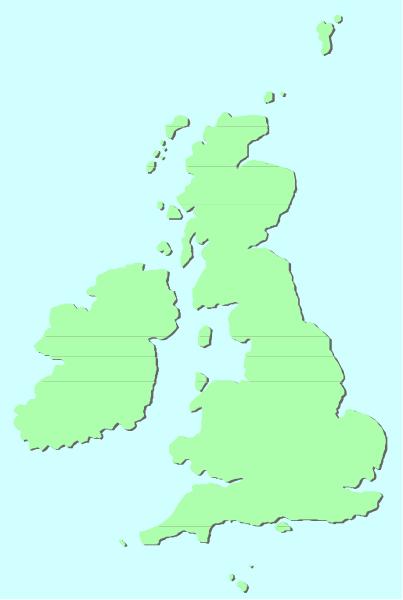 The map shows a stylized outline of Great Britain with Ireland to its west, colored green on top half against blue background.