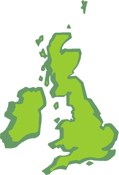 The map shows a stylized outline of Great Britain with green shading indicating areas that have been affected by an event such as flooding or pollution; it is set against a dark background.