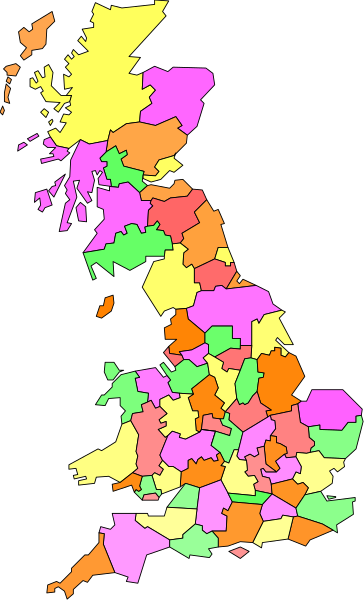 The map shows a stylized representation of England with colored regions indicating different areas within it; there is no text present in this image.