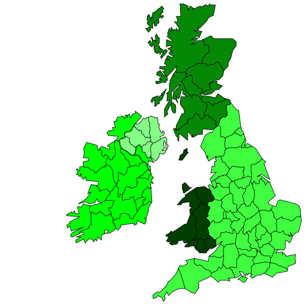The map shows United Kingdom with a focus on England's counties colored green for London County Council areas; it is overlaid by two rectangles representing UK (in blue) and Ireland (green).