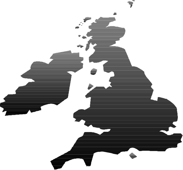 The black silhouette of a map showing Europe with an emphasis on Great Britain.