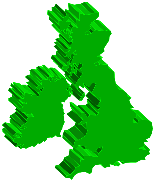 The image shows a stylized map of Ireland with green areas representing landmasses and blue lines indicating water bodies.