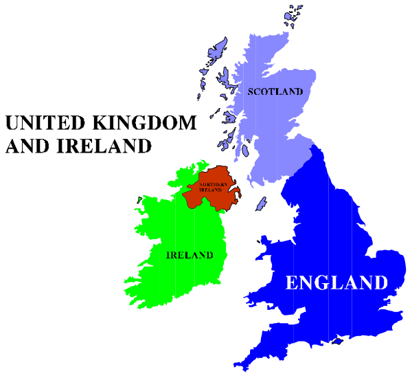 The map shows a stylized representation of Ireland with four distinct regions: Northern Ireland (red), Scotland (blue), England (green) in blue, and Wales (orange).