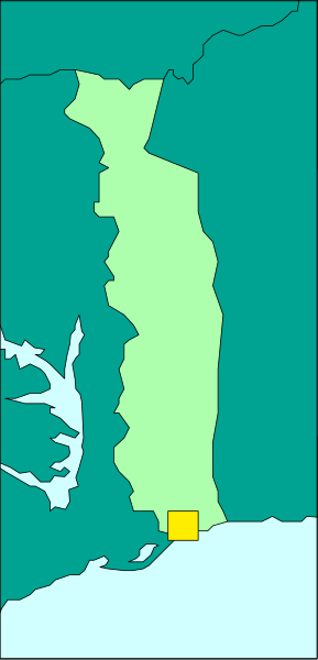 The map shows a country with various regions labeled on it; there's an island to the right of the landmasses in blue water.