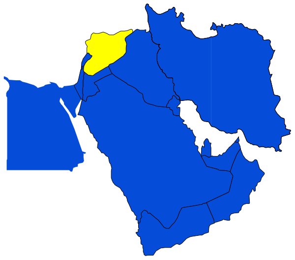 The map shows a stylized representation of countries with different shades indicating varying levels of support for an entity; it is overlaid on top of another image that appears to be a satellite view showing landmasses and water bodies, possibly representing Earth from space or in this case, the Middle East.