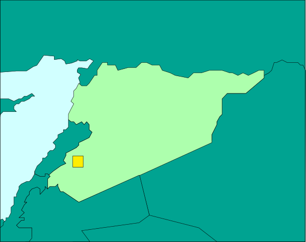 The image shows a map with two regions highlighted: Syria (in green) and Israel (in yellow). There is also an inset of another region labeled "Cyprus" on top left corner.