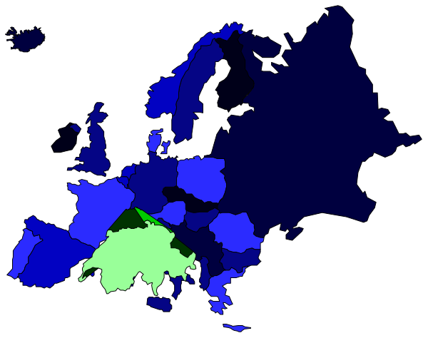 The map shows Europe with various countries highlighted in different shades of blue; there is a legend on top left corner indicating what each color represents but it's too small to read clearly from this image.