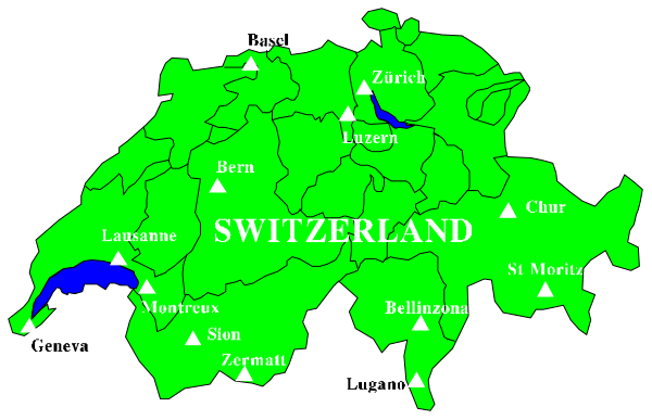 The map shows a country named "Switzerland" with various cities labeled such as Bern, Geneva, Zurich, Lausanne, St Gallen, Basel, Lucerne, Lugano, Aarau, and others; it is colored in green to represent landmasses while water bodies are blue.