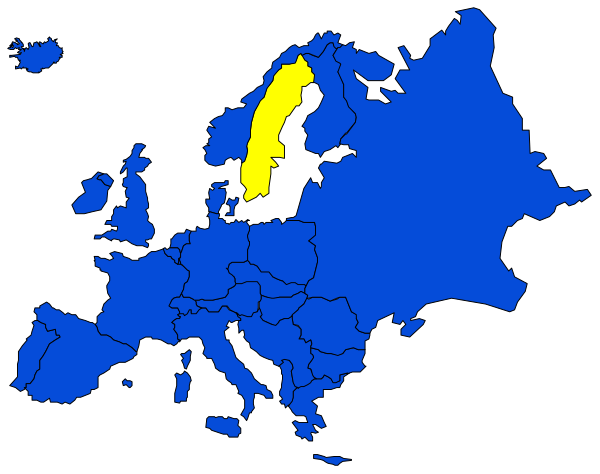 The map shows Europe with a focus on Scandinavia; it's colored blue to represent water bodies like oceans and seas while landmasses appear in yellow-green shades of color.