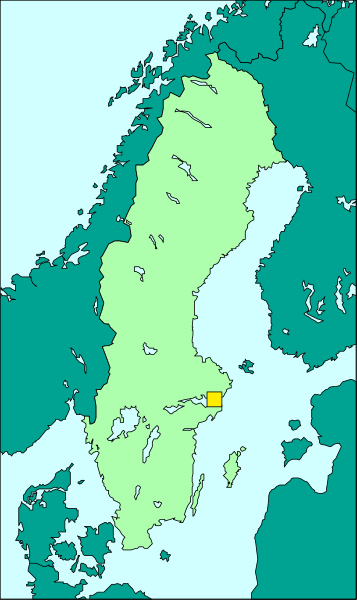 The map shows a stylized representation of Scandinavia with Sweden highlighted as green landmasses surrounded by water bodies labeled in Swedish; there is no text present on this image.