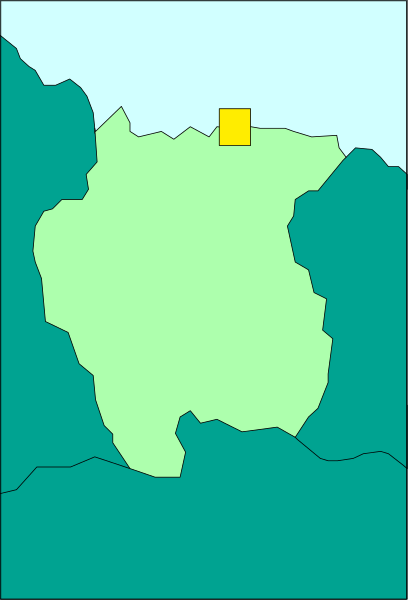 The image shows a stylized map with an island labeled "New Guinea" surrounded by water at its base, featuring green landmasses on either side of it against a blue background that represents ocean waters; there is no text present in this clip-art illustration.