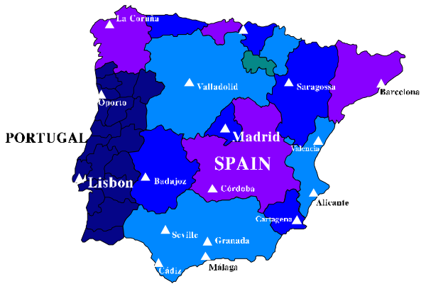 The map shows a colorful representation of Spain with various regions highlighted by different colored shapes on top of it.