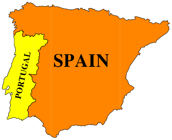 The map shows a stylized representation of Spain with an orange border highlighting certain regions labeled "Spain" at top left corner in white text on black background; below it is another label reading "Europa," indicating that this part represents Europe, and beneath that reads "Iberian Peninsula."