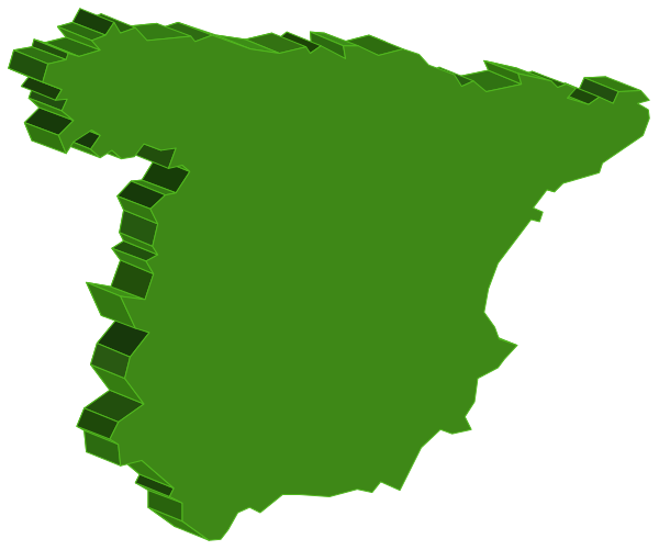 The image shows a map with Spain highlighted by green blocks on it against a black background.