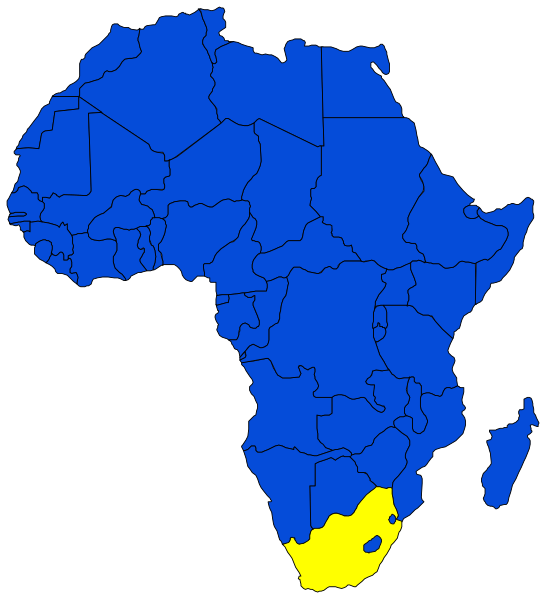 The map of Africa with a blue color scheme highlighting certain regions; there is an overlay showing two yellow circles on top left corner indicating some sort of selection process in progress.