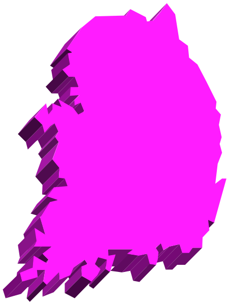 The image shows a stylized map of Ireland with pink shading on it against a black background.