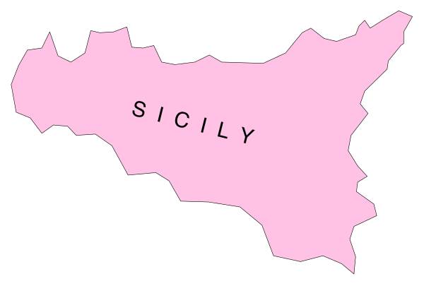 The image shows a stylized map of Sicily with pink shading on it against a white background; there is text that reads "SICILY" in black font atop the island's outline, and below this wording, another line contains additional smaller writing which appears to be an Italian phrase.